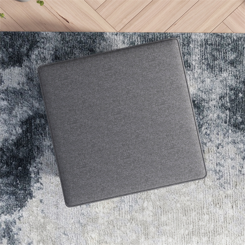 Hudson Mid-Century Square Fabric Linen Upholstered Ottoman in Dark Gray