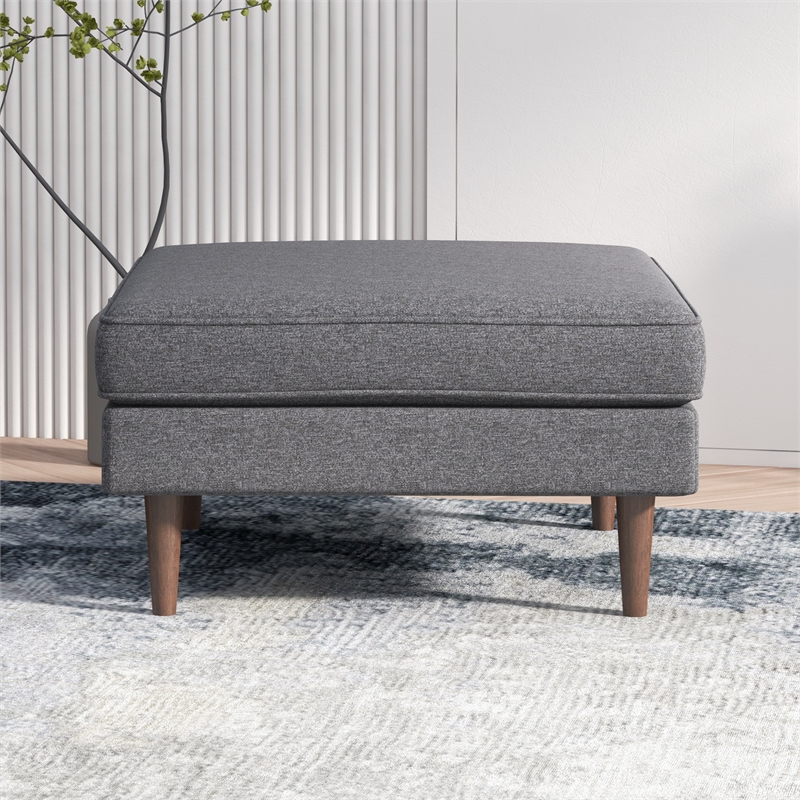 Hudson Mid-Century Square Fabric Linen Upholstered Ottoman in Dark Gray