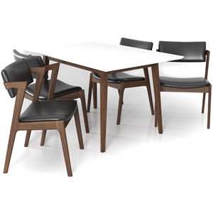 Alcanor Solid Wood Walnut Table and Black Leather Chair Dining Room&Kitchen Set
