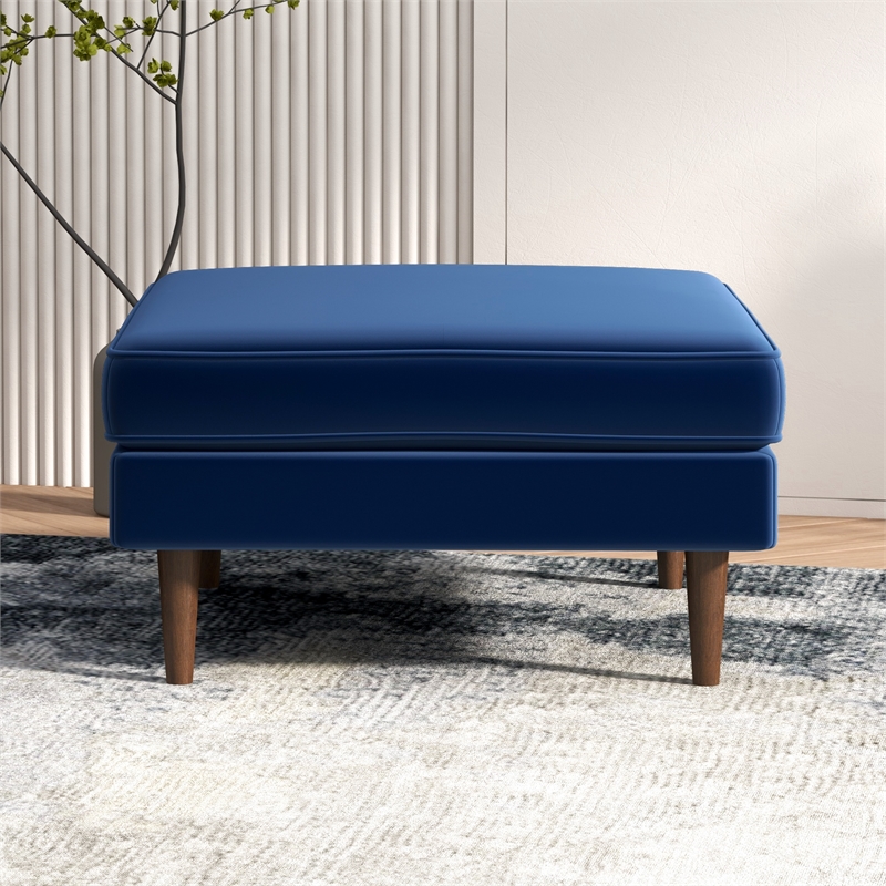 Hudson Mid-Century Square Velvet Upholstered Ottoman in Dark Blue