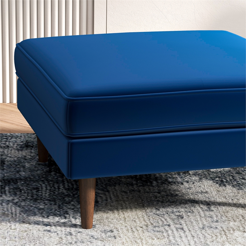 Hudson Mid-Century Square Velvet Upholstered Ottoman in Dark Blue