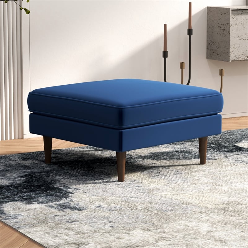 Hudson Mid-Century Square Velvet Upholstered Ottoman in Dark Blue