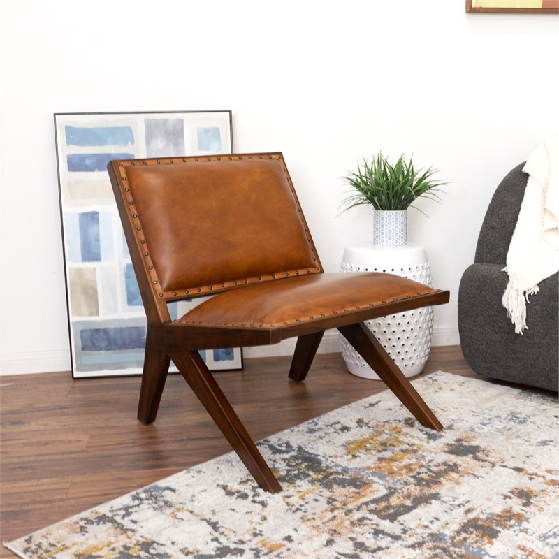 Saban Mid Century Modern Furniture Style Wide Top Leather Tan Comfy Armchair