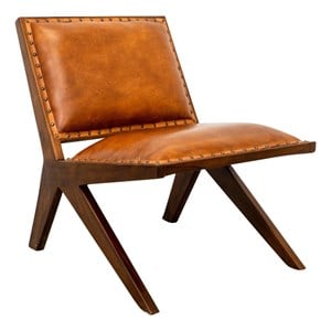 Saban Mid Century Modern Furniture Style Wide Top Leather Tan Comfy Armchair