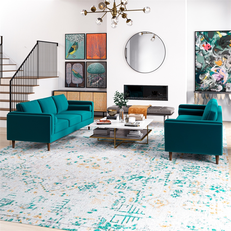 Fatin Mid Century Modern Furniture Style Living Room Velvet Sofa Set in Teal