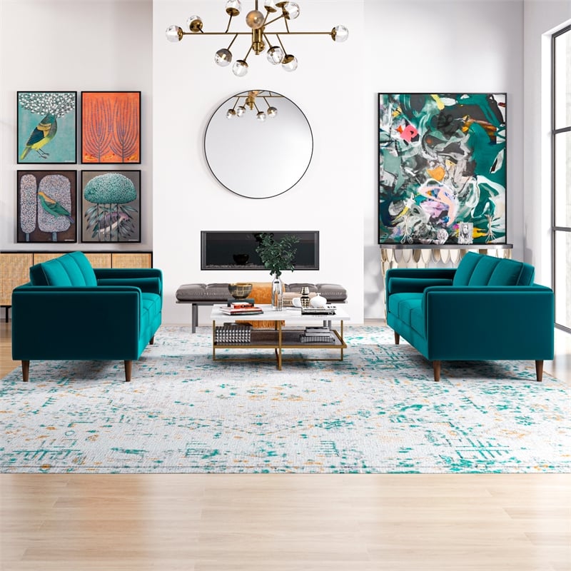 Fatin Mid Century Modern Furniture Style Living Room Velvet Sofa Set in Teal