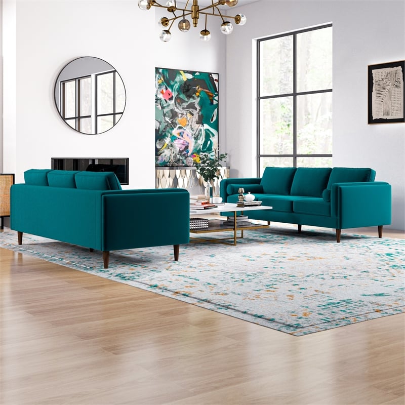 Fatin Mid Century Modern Furniture Style Living Room Velvet Sofa Set in Teal