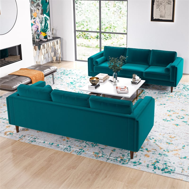 Fatin Mid Century Modern Furniture Style Living Room Velvet Sofa Set in Teal