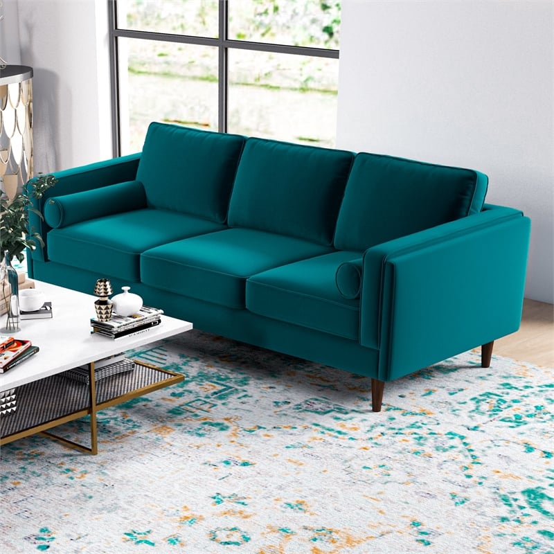 Fatin Mid Century Modern Furniture Style Living Room Velvet Sofa Set in Teal