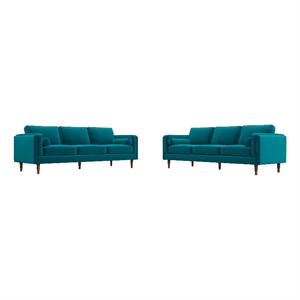 Fatin Mid Century Modern Furniture Style Living Room Velvet Sofa Set in Teal