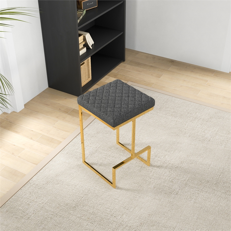 Filomena Gray Boucle Fabric Upholstered Tufted Kitchen Gold Metal Counter Stool