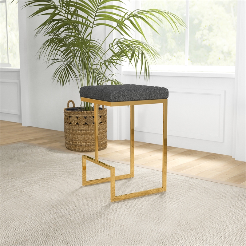 Filomena Gray Boucle Fabric Upholstered Tufted Kitchen Gold Metal Counter Stool