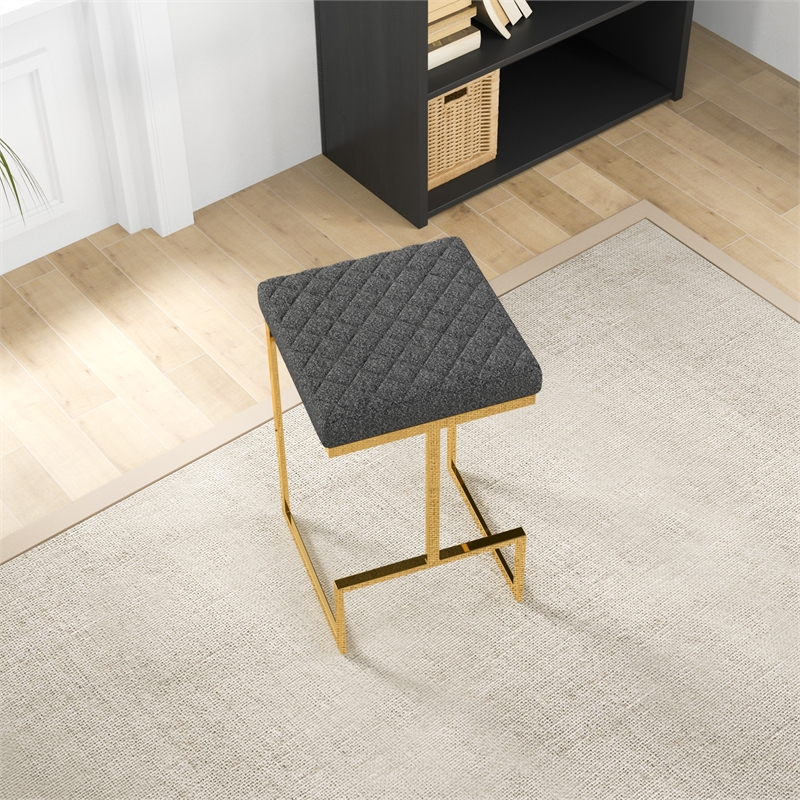 Filomena Gray Boucle Fabric Upholstered Tufted Kitchen Gold Metal Counter Stool