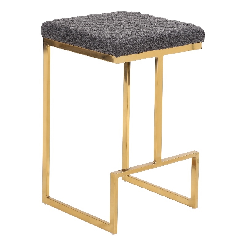 Filomena Gray Boucle Fabric Upholstered Tufted Kitchen Gold Metal Counter Stool