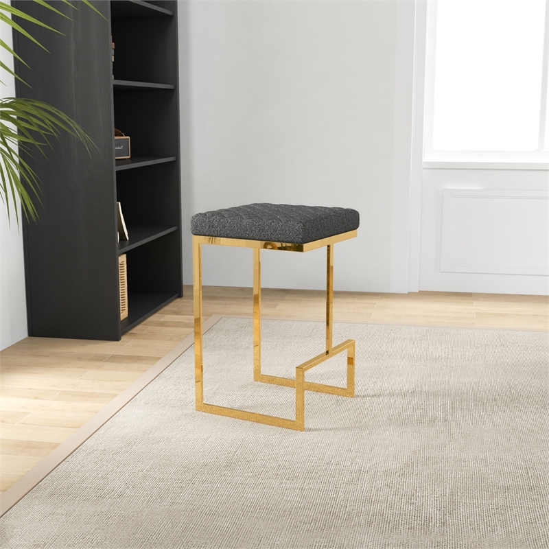 Filomena Gray Boucle Fabric Upholstered Tufted Kitchen Gold Metal Counter Stool