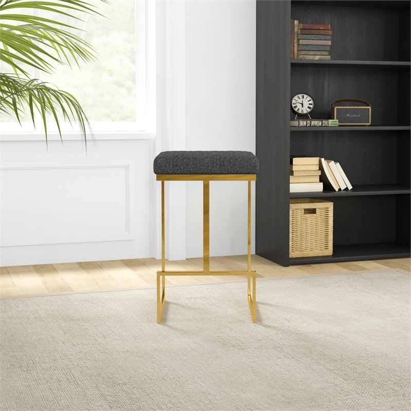 Filomena Gray Boucle Fabric Upholstered Tufted Kitchen Gold Metal Counter Stool