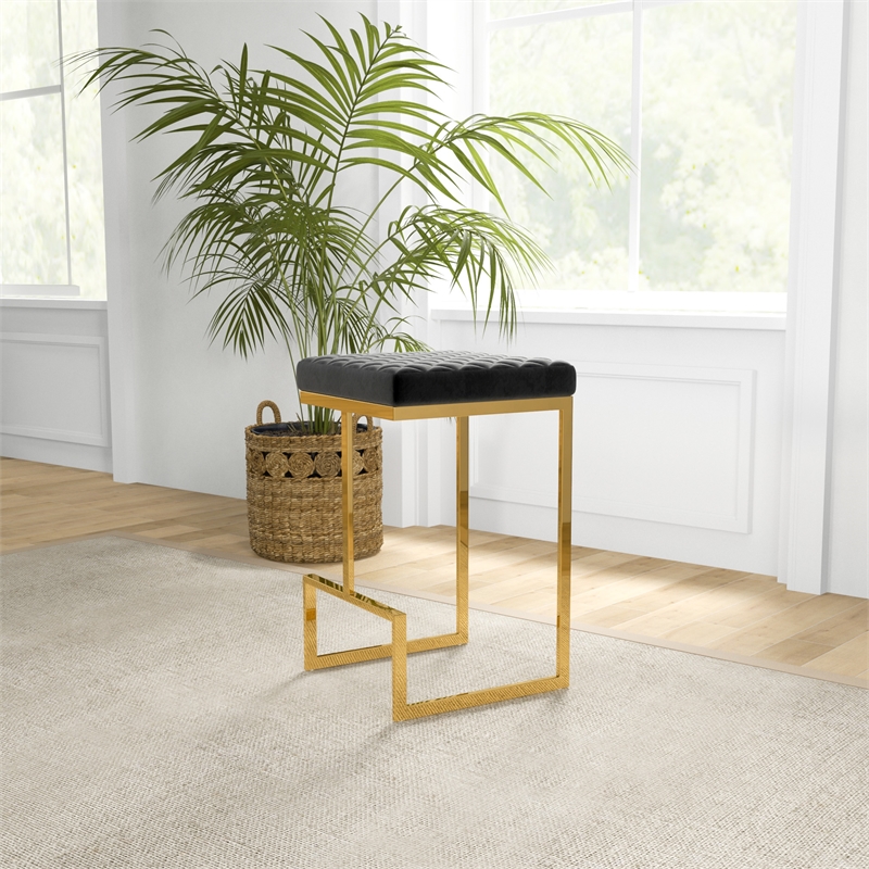 Filomena Black Velvet Upholstered Tufted Kitchen Gold Metal Counter Stool