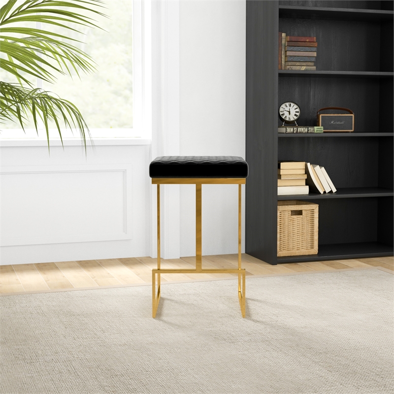 Filomena Black Velvet Upholstered Tufted Kitchen Gold Metal Counter Stool