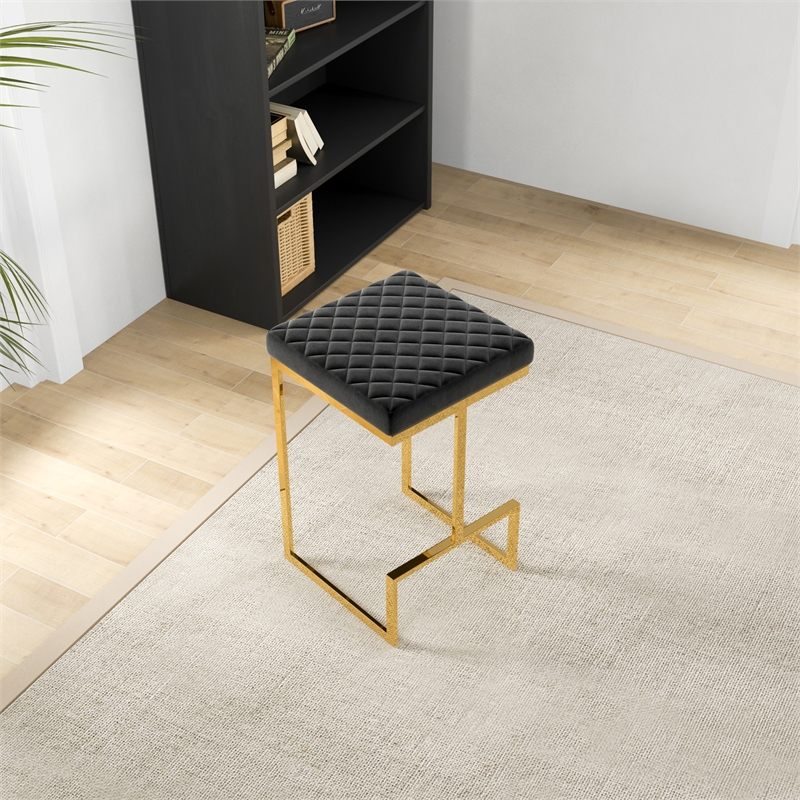 Filomena Black Velvet Upholstered Tufted Kitchen Gold Metal Counter Stool