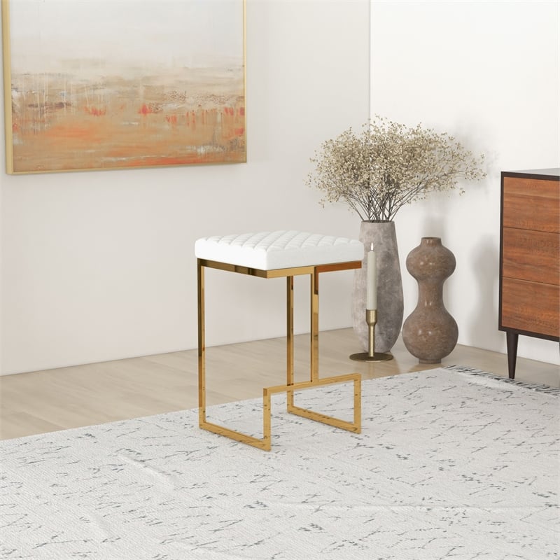 Filomena White Boucle Fabric Upholstered Tufted Kitchen Gold Metal Counter Stool