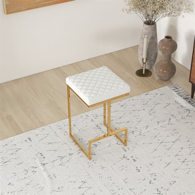 Filomena White Boucle Fabric Upholstered Tufted Kitchen Gold Metal Counter Stool
