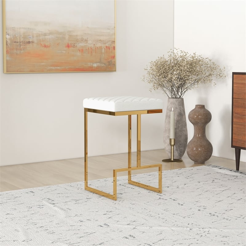 Filomena White Boucle Fabric Upholstered Tufted Kitchen Gold Metal Counter Stool