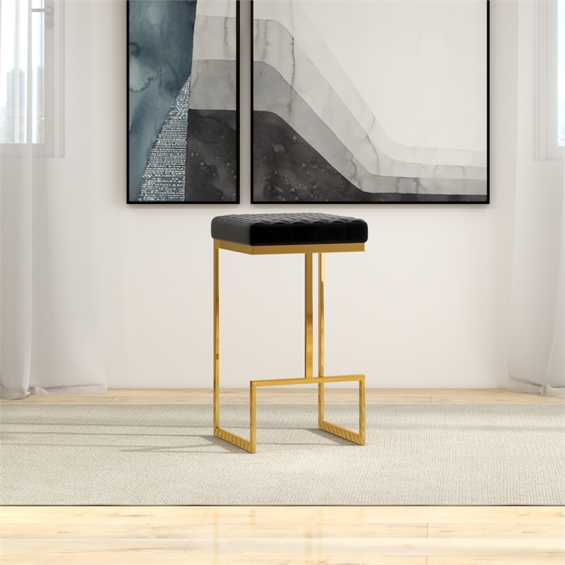 Filomena Modern Black Velvet Upholstered Tufted Kitchen Gold Metal Bar Stool