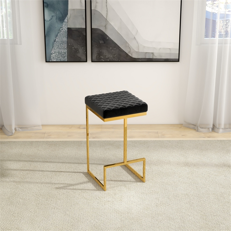 Filomena Modern Black Velvet Upholstered Tufted Kitchen Gold Metal Bar Stool