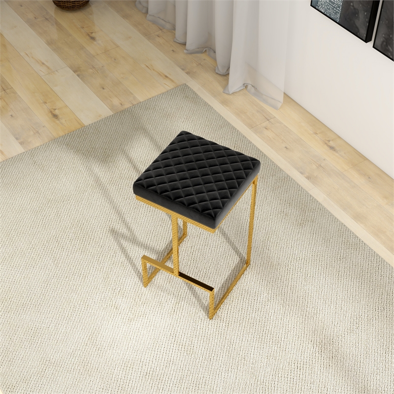 Filomena Modern Black Velvet Upholstered Tufted Kitchen Gold Metal Bar Stool