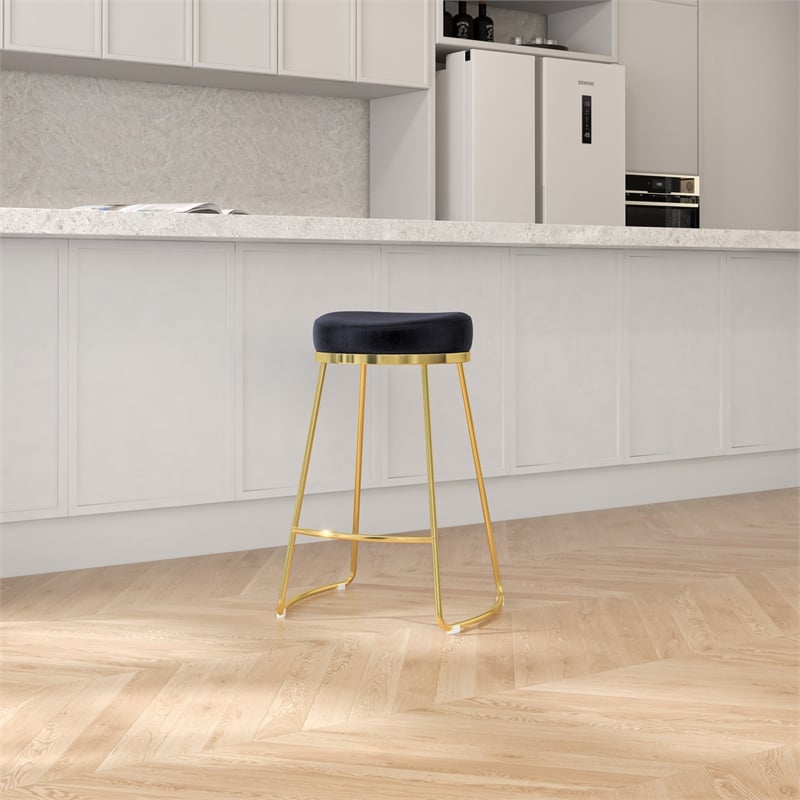 Regina Modern Black Velvet Kitchen Furniture Island Counter Gold Metal Stool