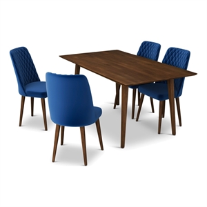 Alpen Mid-Century Style 5 Piece Solid Wood Dining Set Walnut Brown