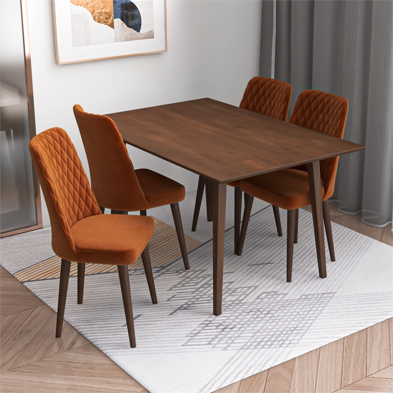 Alpen Modern Solid Wood Walnut Kitchen & Dining Room Table and 4 Chair Set