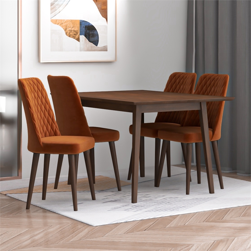 Alpen Modern Solid Wood Walnut Kitchen & Dining Room Table and 4 Chair Set