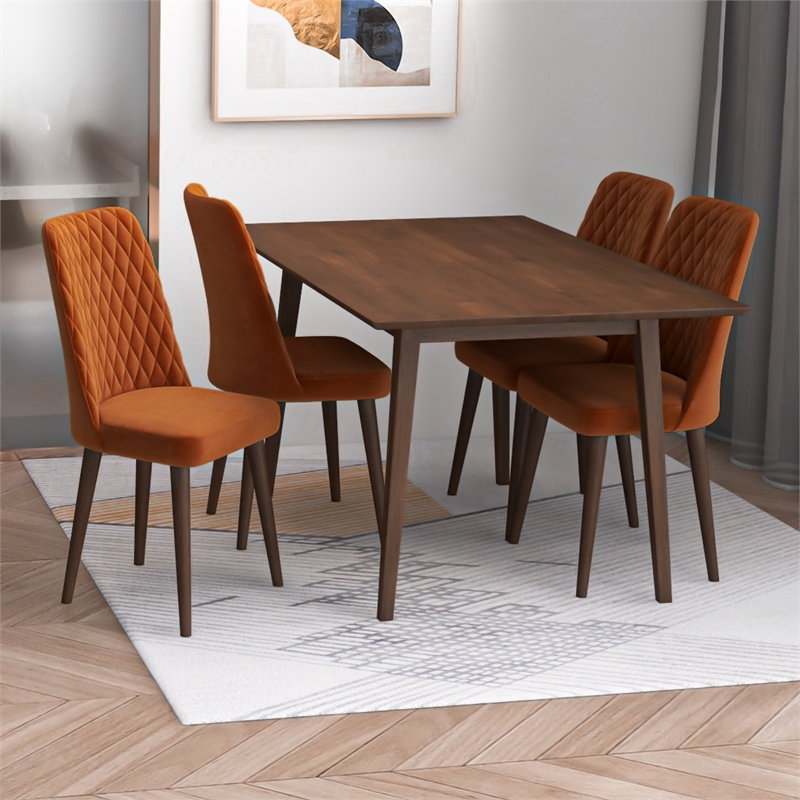 Alpen Modern Solid Wood Walnut Kitchen & Dining Room Table and 4 Chair Set