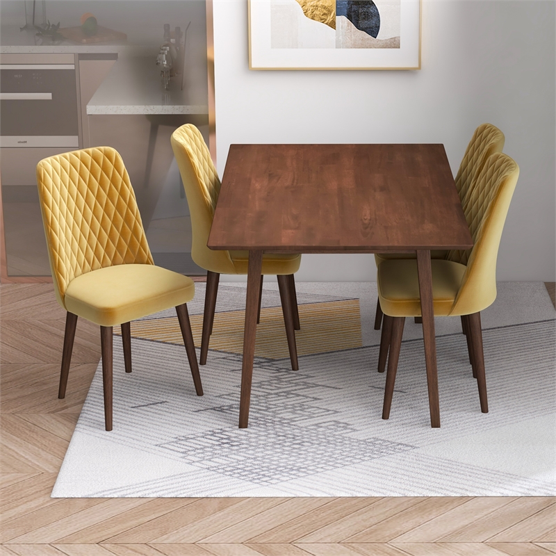 Alpen Modern Solid Wood Walnut Dining Table and 4 Chair Set