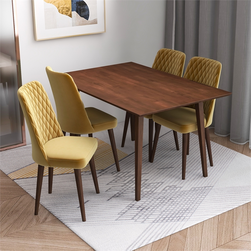 Alpen Modern Solid Wood Walnut Dining Table and 4 Chair Set