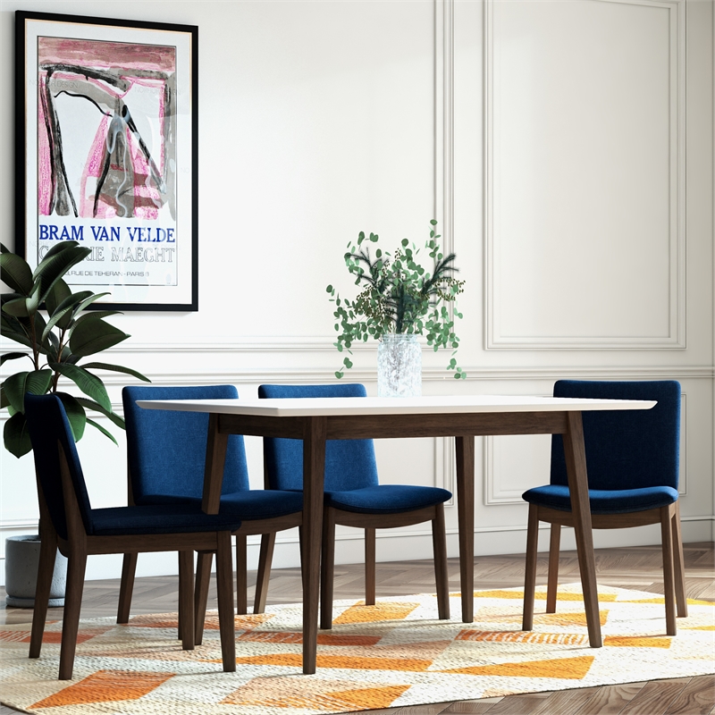 Adir Modern Solid Wood Table and Blue Fabric Chair Dining Room & Kitchen Set