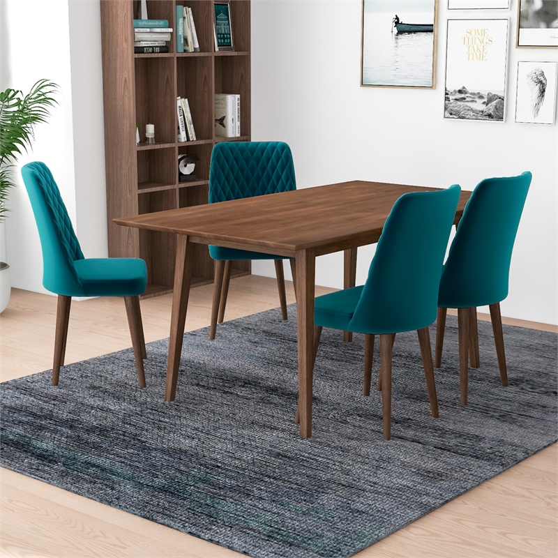 Alpen Modern Solid Wood Table and Teal Velvet Chair Dining Room Furniture Set