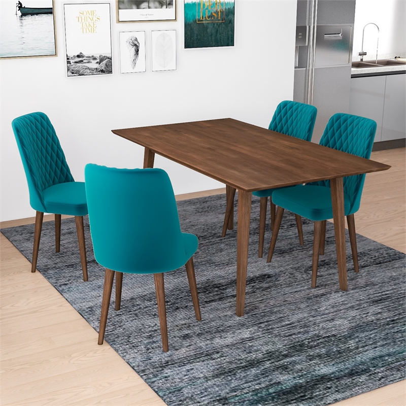 Alpen Modern Solid Wood Table and Teal Velvet Chair Dining Room Furniture Set