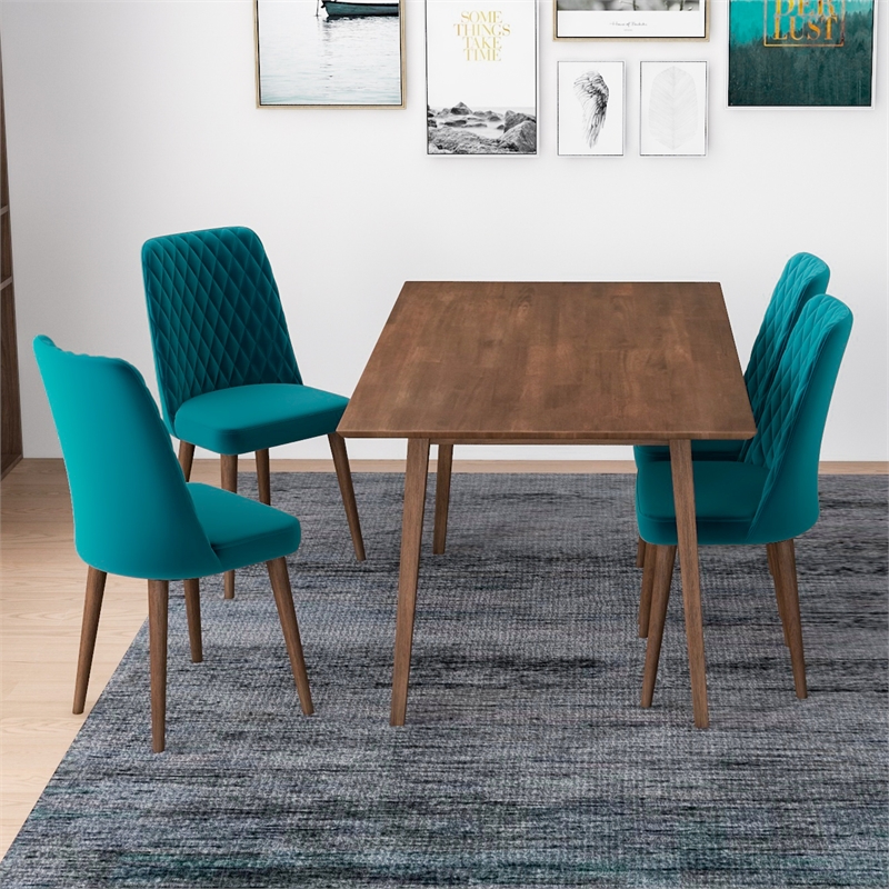 Alpen Modern Solid Wood Table and Teal Velvet Chair Dining Room Furniture Set