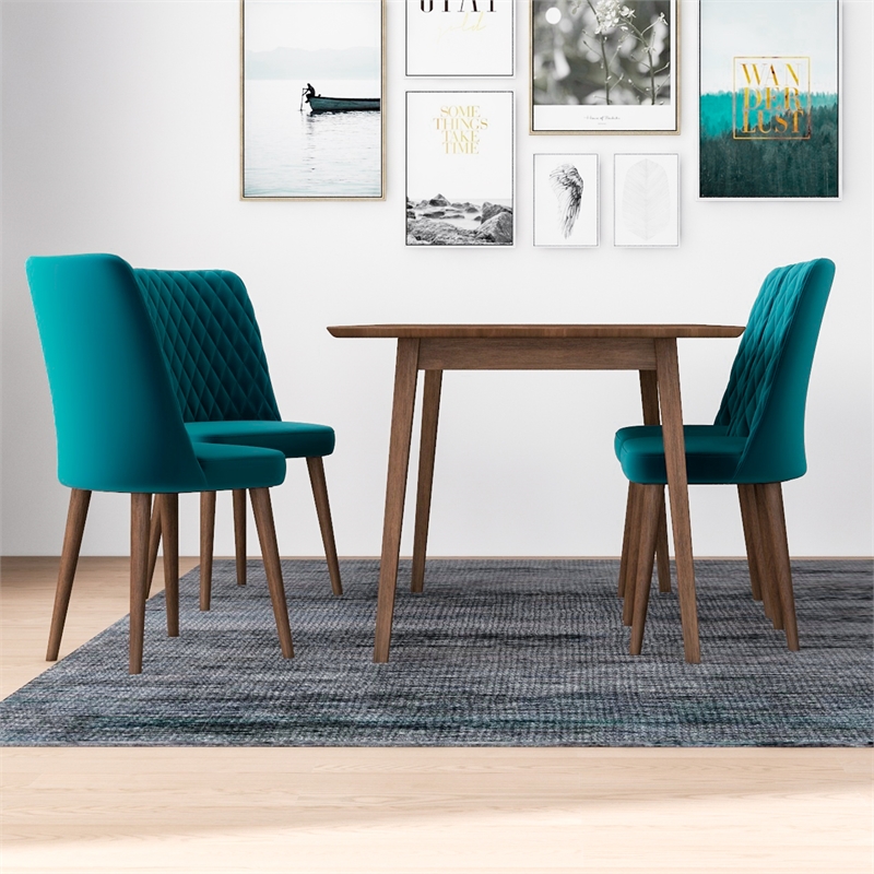 Alpen Modern Solid Wood Table and Teal Velvet Chair Dining Room Furniture Set