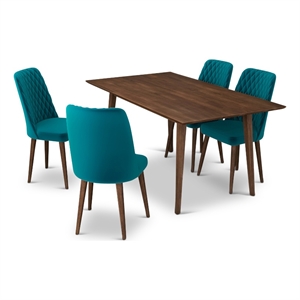 Alpen Modern Solid Wood Table and Teal Velvet Chair Dining Room Furniture Set