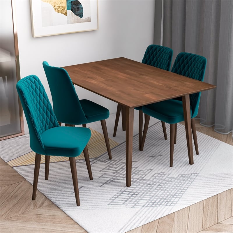 Alpen Modern Solid Wood Table and Teal Velvet Chair Dining Room Furniture Set