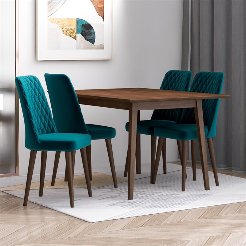 Alpen Modern Solid Wood Table and Teal Velvet Chair Dining Room Furniture Set