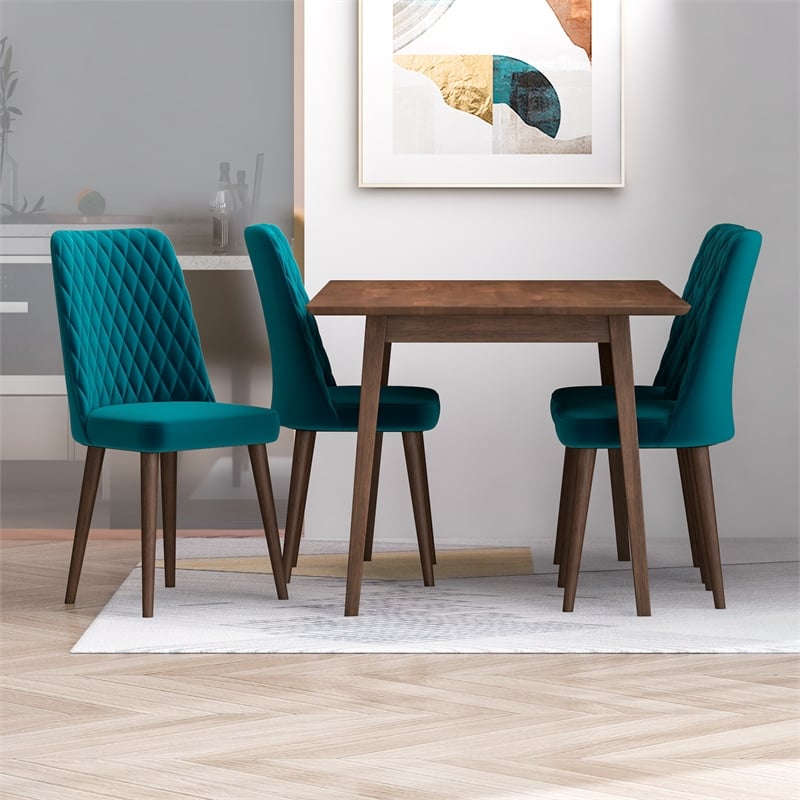 Alpen Modern Solid Wood Table and Teal Velvet Chair Dining Room Furniture Set