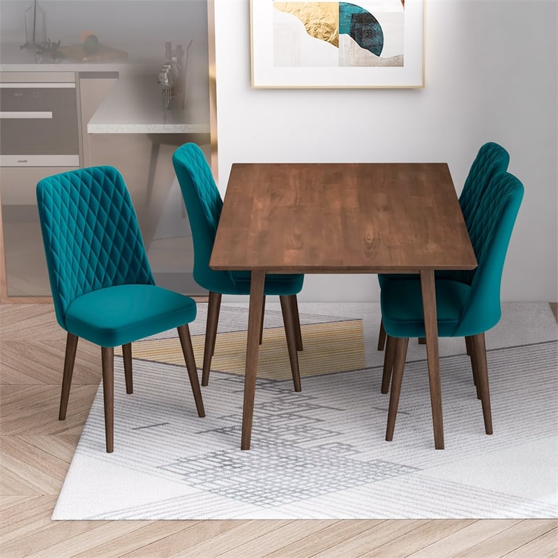 Alpen Modern Solid Wood Table and Teal Velvet Chair Dining Room Furniture Set