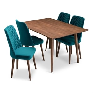 Alpen Modern Solid Wood Table and Teal Velvet Chair Dining Room Furniture Set