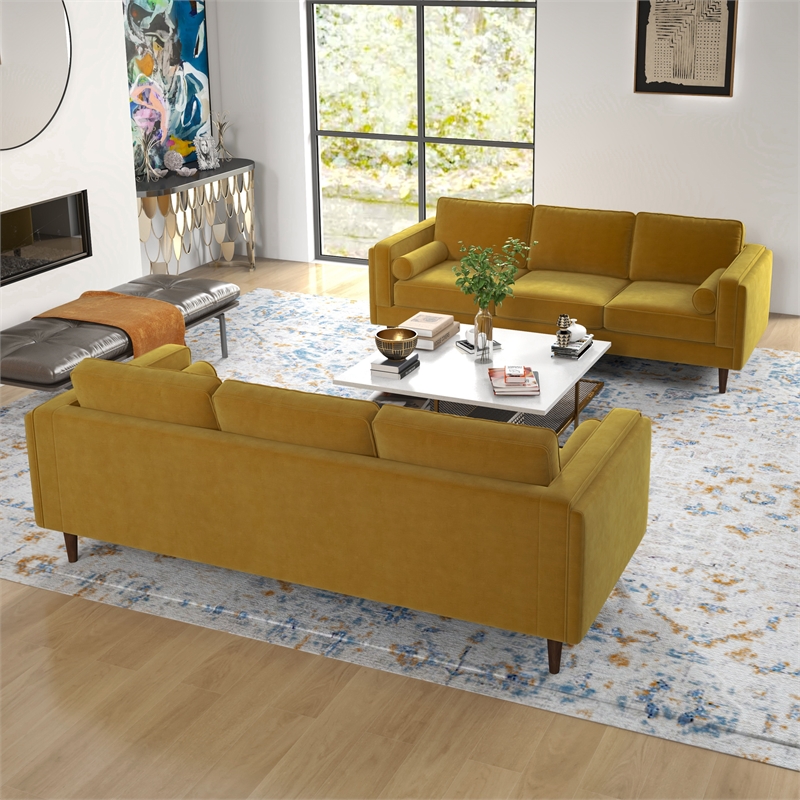 Fatin Mid Century Modern Living Room Velvet Sofa Set in Gold