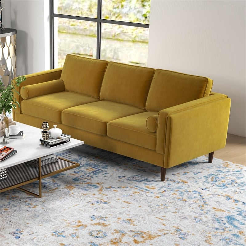Fatin Mid Century Modern Living Room Velvet Sofa Set in Gold