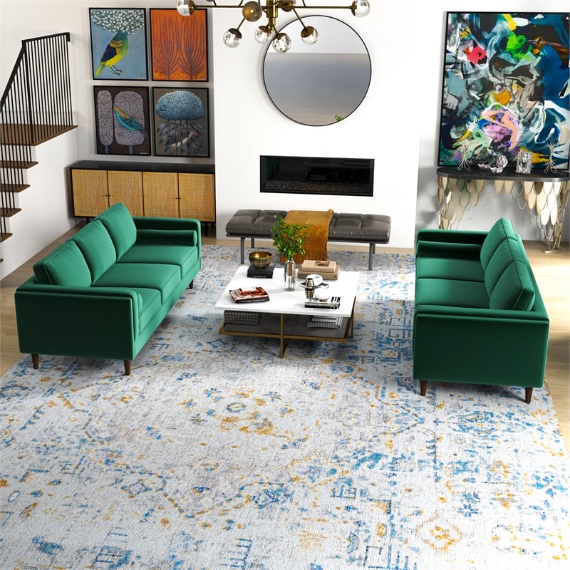 Fatin Mid Century Modern Living Room Velvet Sofa Set in Green